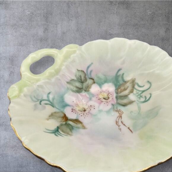 Vtg Hand Painted Porcelain Trinket Dish Pink Plum Blossoms Gold Rim M. Brown - Picture 1 of 9